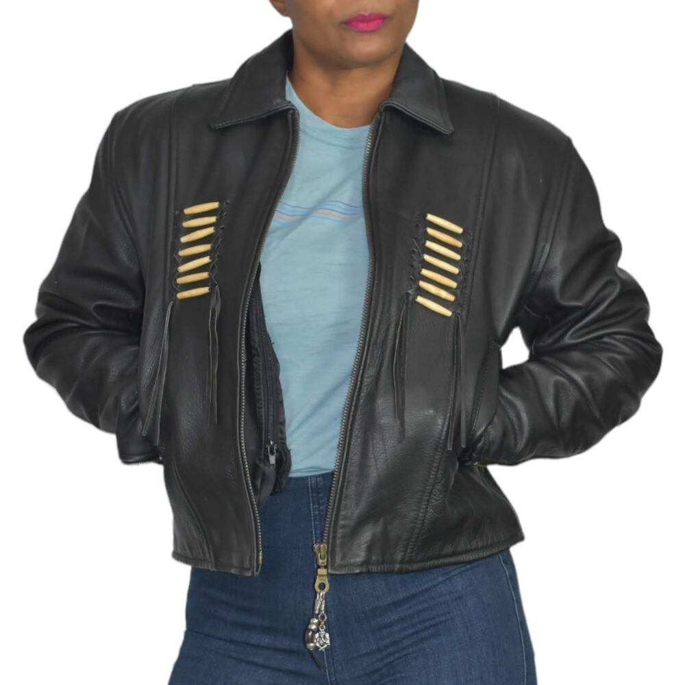 Vintage Force Motorcycle Jacket Black Beading Fringe Leather Braided Medium 10